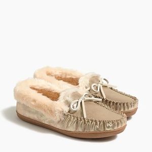J.Crew Metallic gold faux suede & shearling moccasin slippers size 8 new w/tag